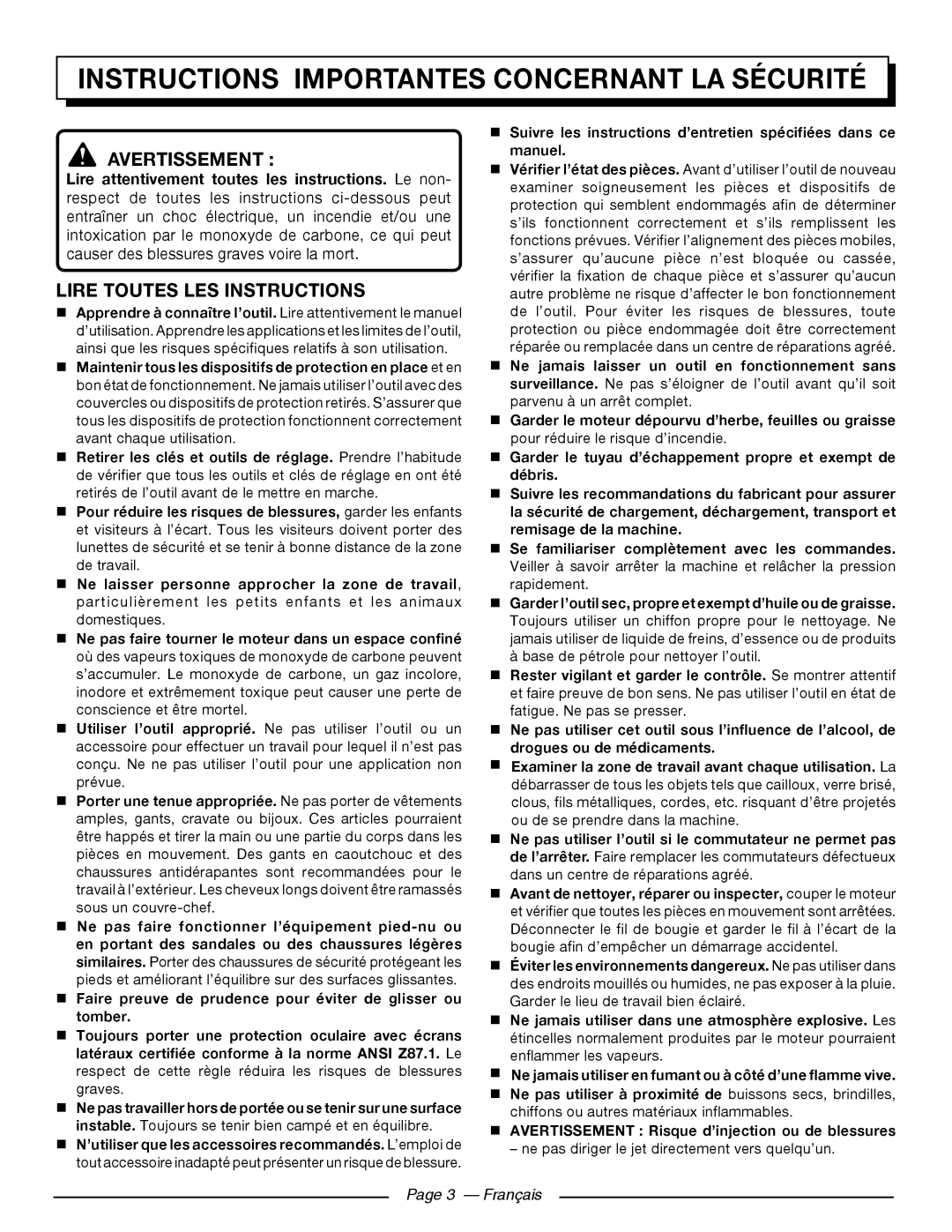 Homelite HL252300 Instructions Importantes Concernant LA Sécurité, Avertissement , Lire Toutes LES Instructions, Français 